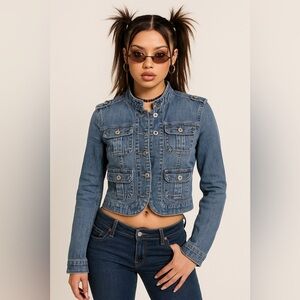 Y2K Denim Utility Jacket Women’s Medium – Cropped Military Style Jean Jacket